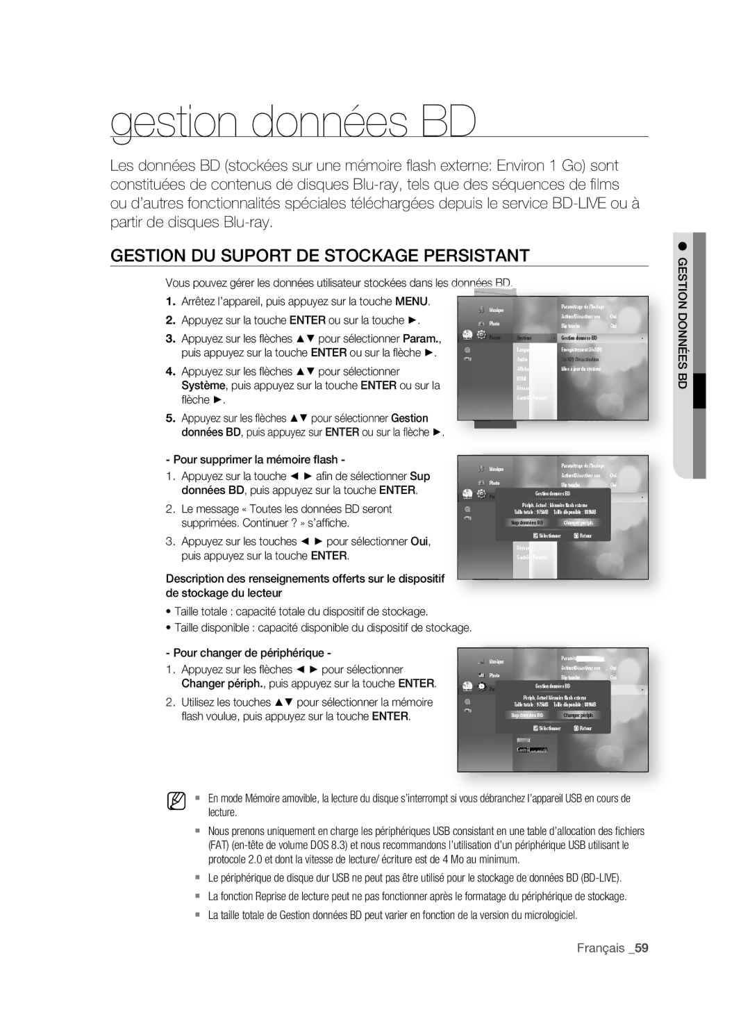 Samsung BD-P4600 user manual Gestion données Bd, GestiOn du suPOrt de stOcKAge PersistAnt 