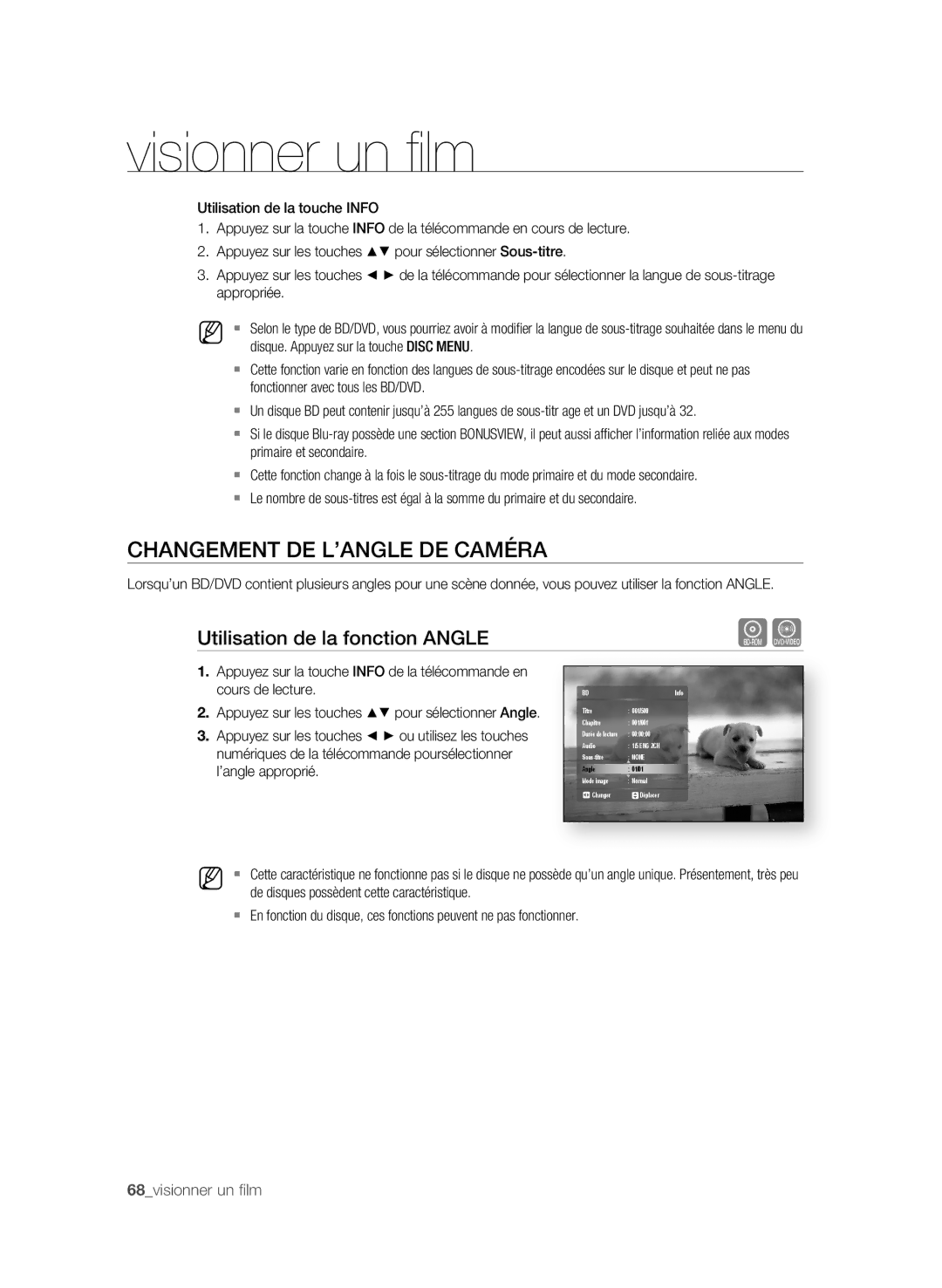 Samsung BD-P4600 user manual CHAngement de L’AngLe de cAmérA, Utilisation de la fonction AngLe 