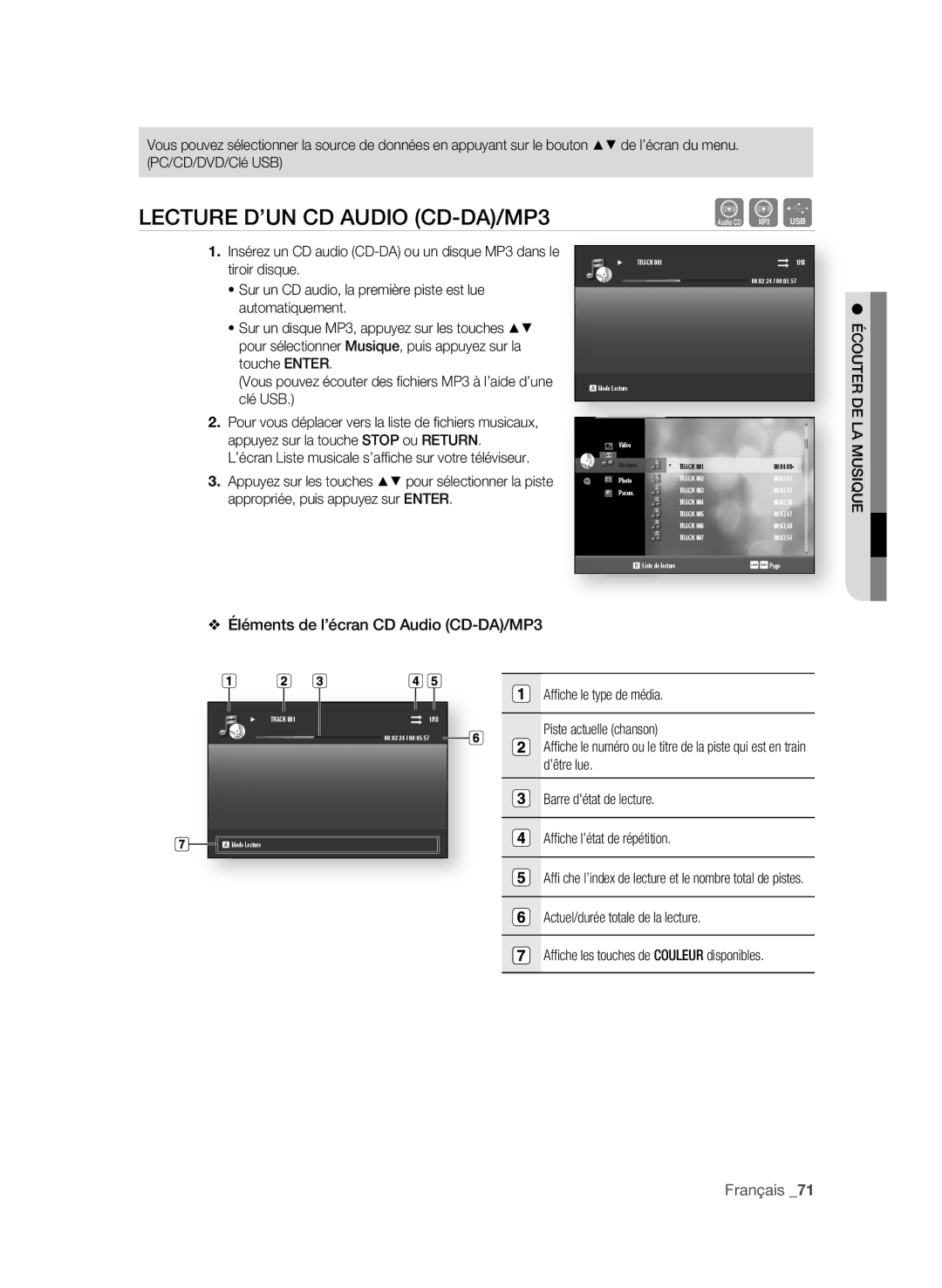 Samsung BD-P4600 user manual Lecture d’un cd AudiO cd-dA/mP3, Éléments de l’écran cd Audio cd-dA/mP3 