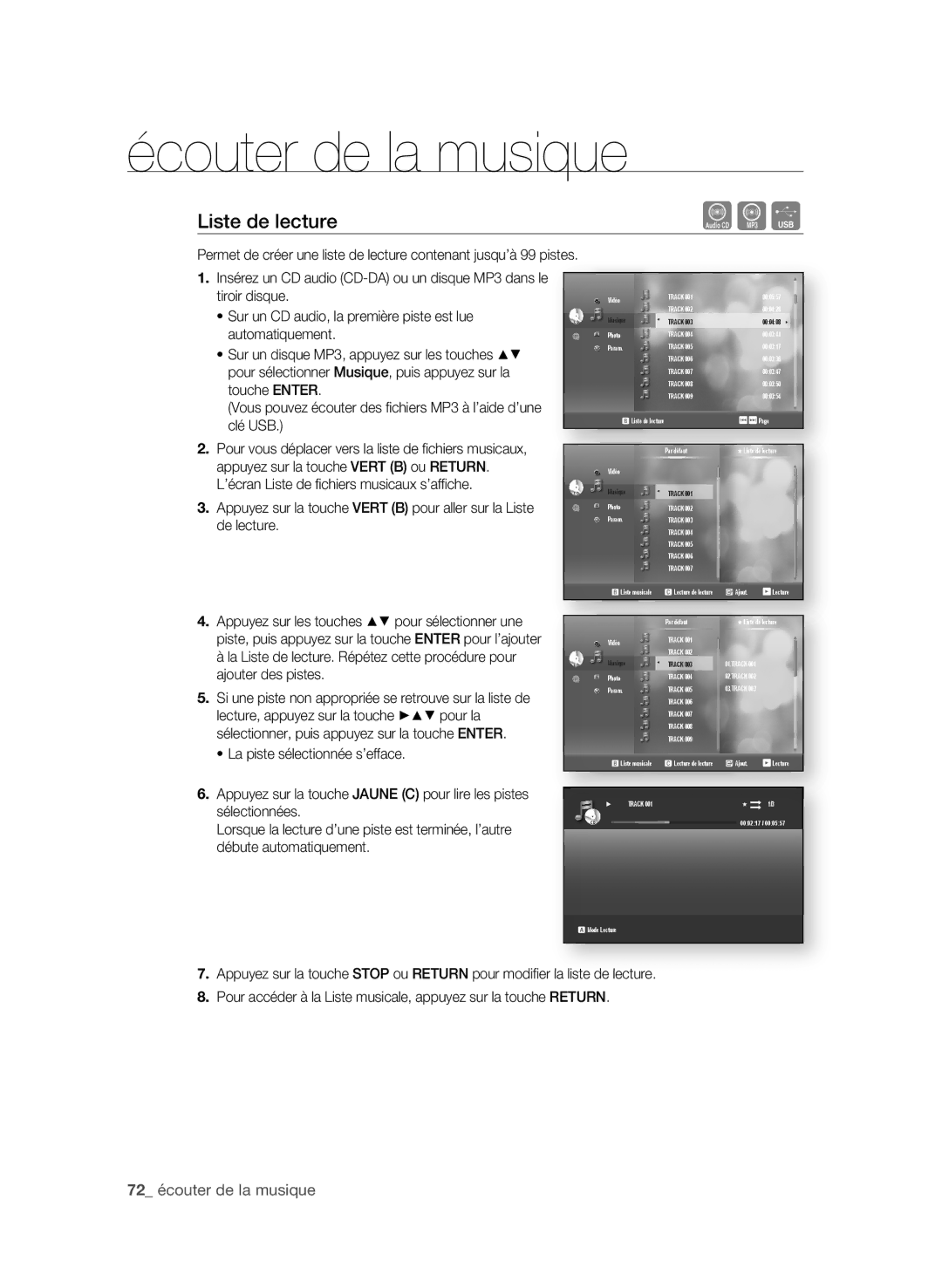 Samsung BD-P4600 user manual Liste de lecture, 2 écouter de la musique 