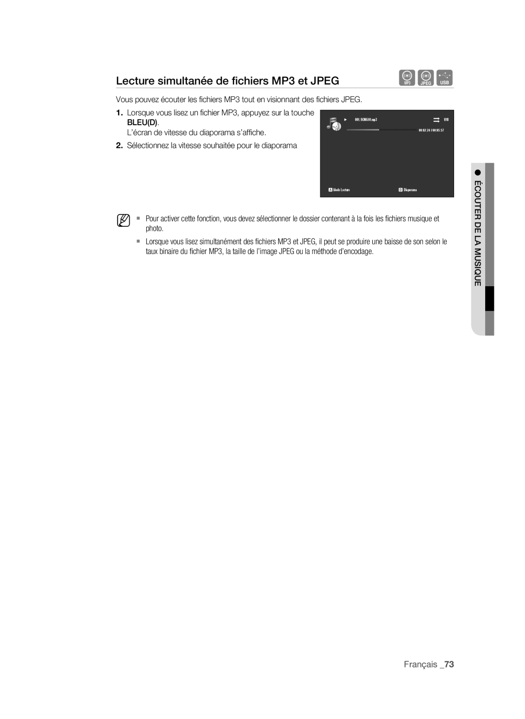 Samsung BD-P4600 user manual Lecture simultanée de fichiers mP3 et JPeg, BLeud, ’écran de vitesse du diaporama s’affi che 