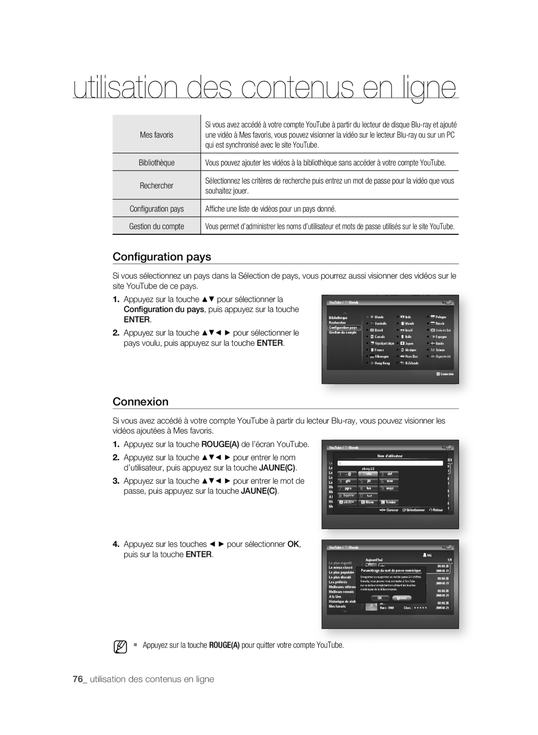 Samsung BD-P4600 user manual Configuration pays, Connexion,  utilisation des contenus en ligne 