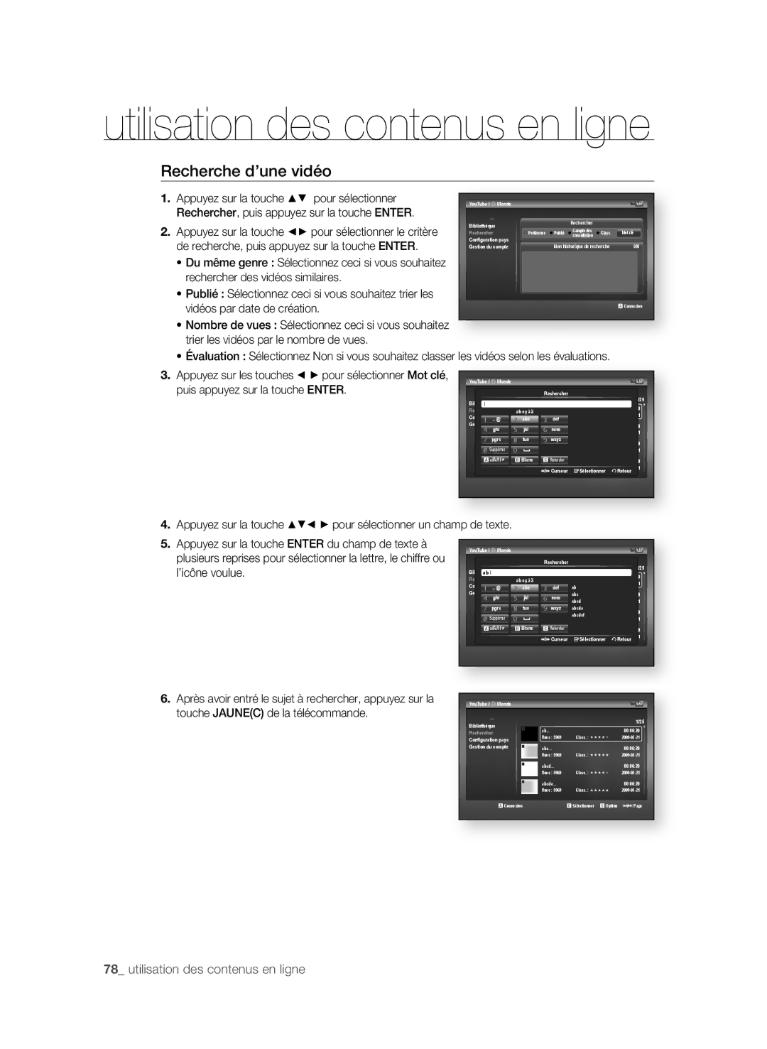 Samsung BD-P4600 user manual Recherche d’une vidéo, De recherche, puis appuyez sur la touche enter 