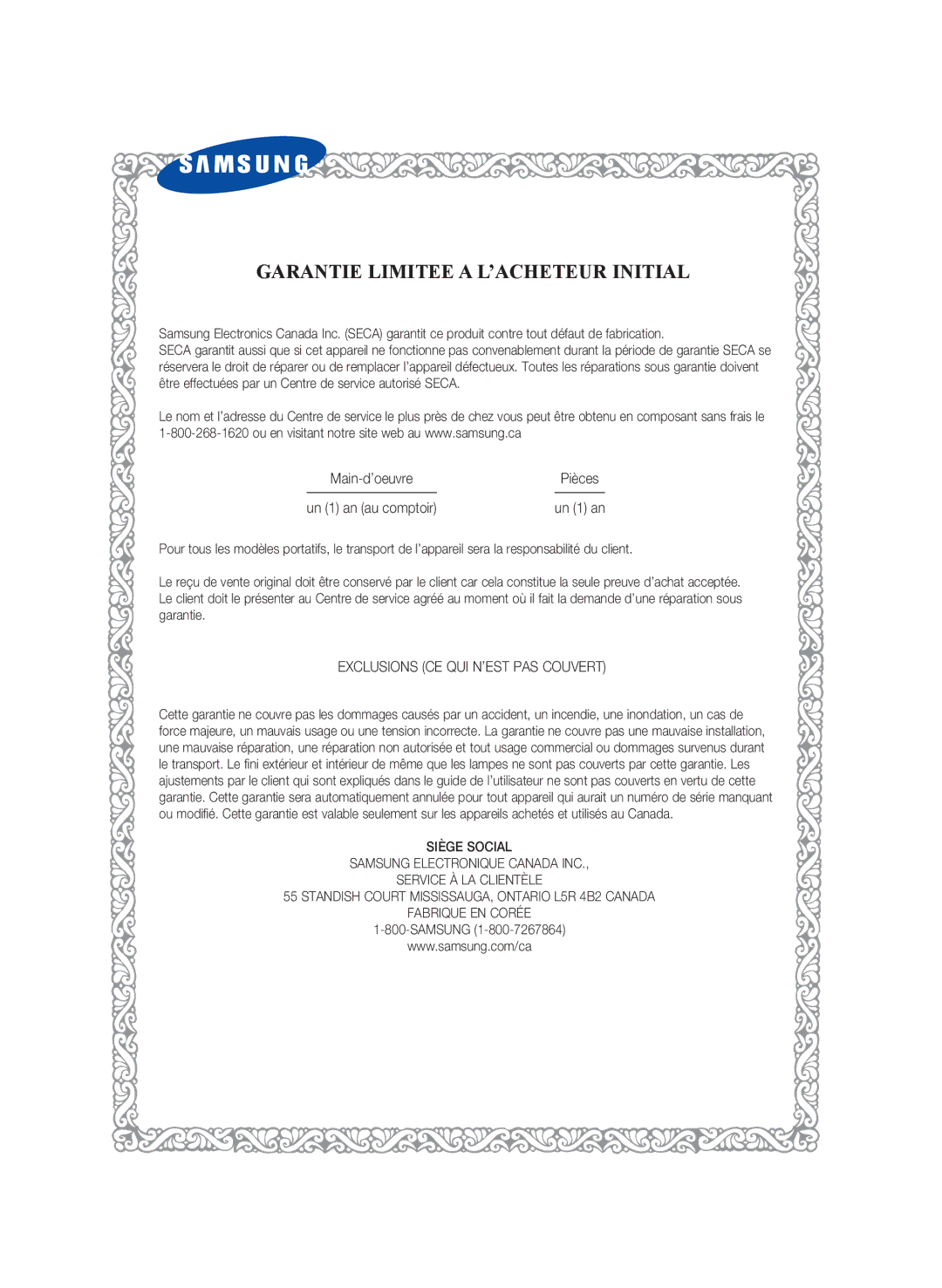 Samsung BD-P4600 user manual Main-d’oeuvrePièces Un 1 an au comptoir, Exclusions CE QUI N’EST PAS Couvert, Samsung 