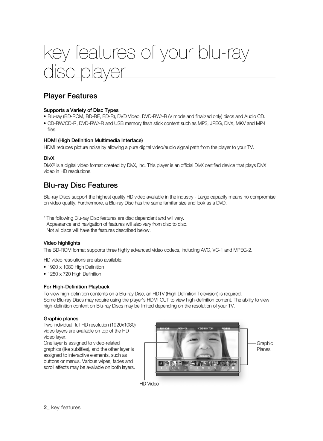 Samsung BD-P4600 user manual Key features of your blu-ray disc player, Player Features, Blu-ray disc Features, HD Video 