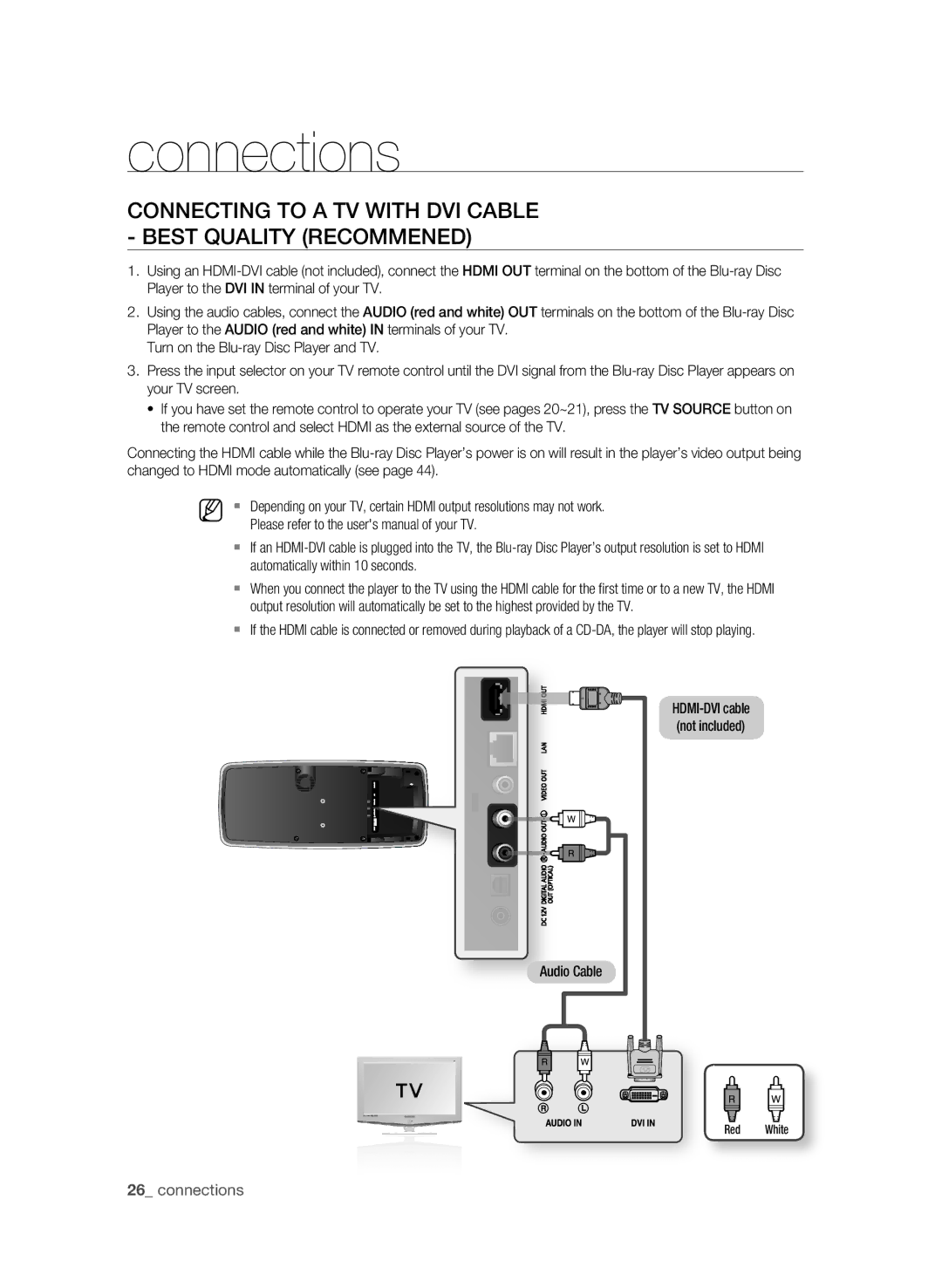 Samsung BD-P4600 user manual COnnecting tO a tV With dVi caBle Best QualitY RecOMMened,  connections, Red White 