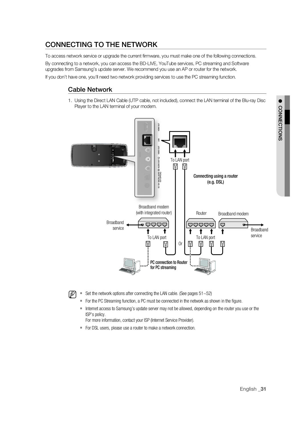 Samsung BD-P4600 user manual Connecting to the Network, Cable Network, Broadband modem With integrated router, Service 