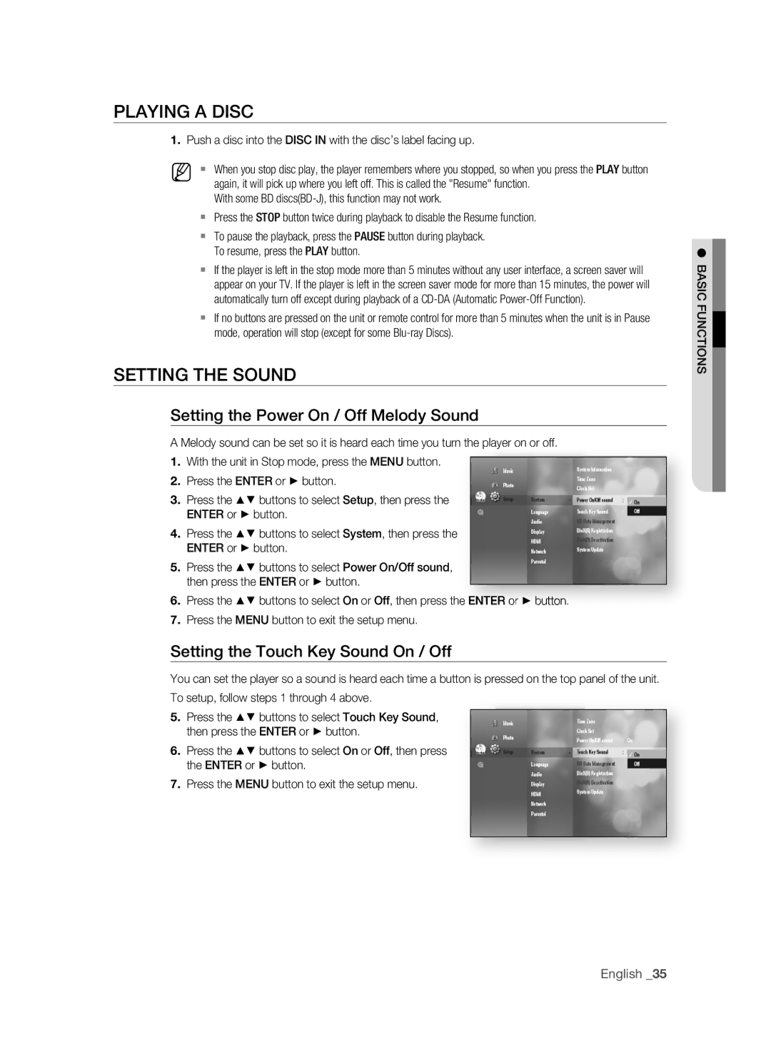 Samsung BD-P4600 user manual PlaYing a disc, Setting the sOund, Setting the Power On / Off Melody sound, English 3 