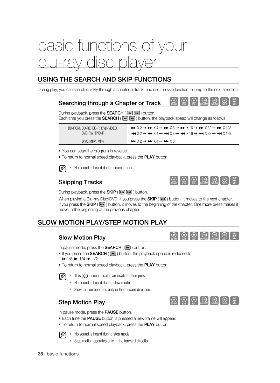 Samsung BD-P4600 user manual Using the Search and Skip Functions, Slow Motion Play/Step Motion Play 