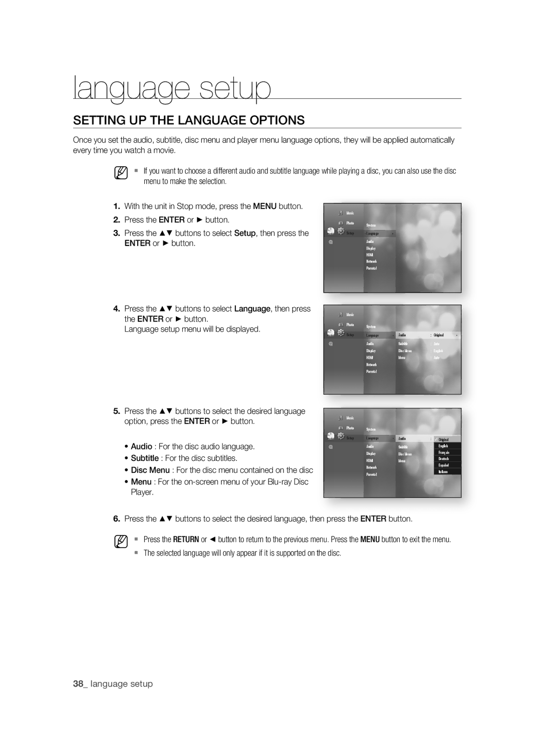 Samsung BD-P4600 user manual Language setup, Setting uP the language OPtiOns,  language setup, Menu to make the selection 