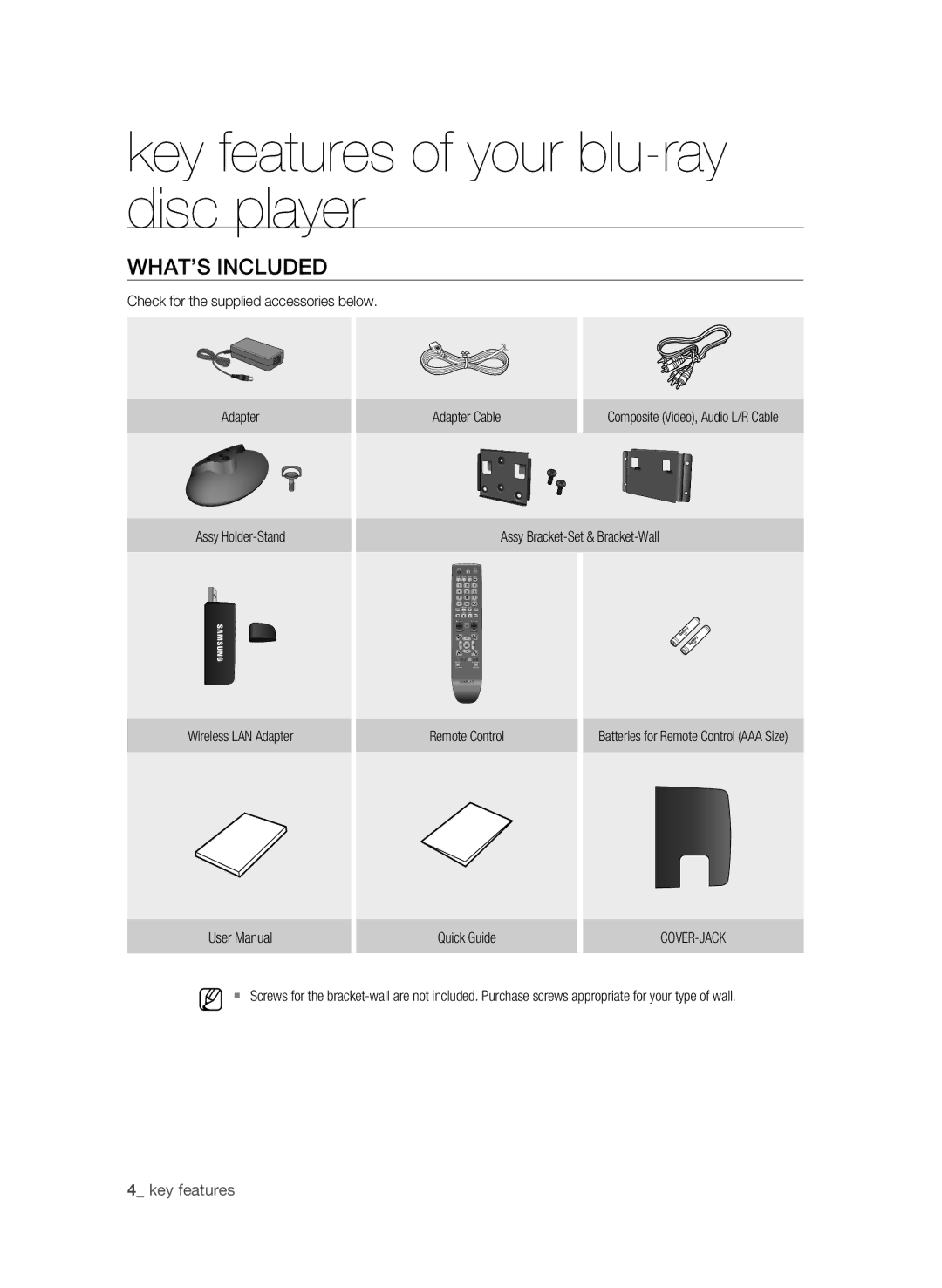 Samsung BD-P4600 user manual What’s included,  key features, Check for the supplied accessories below, Cover-Jack 