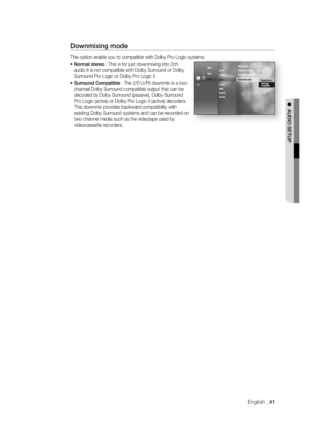 Samsung BD-P4600 user manual Downmixing mode, English 1, Normal stereo This is for just downmixing into 2ch, AudiO setuP 