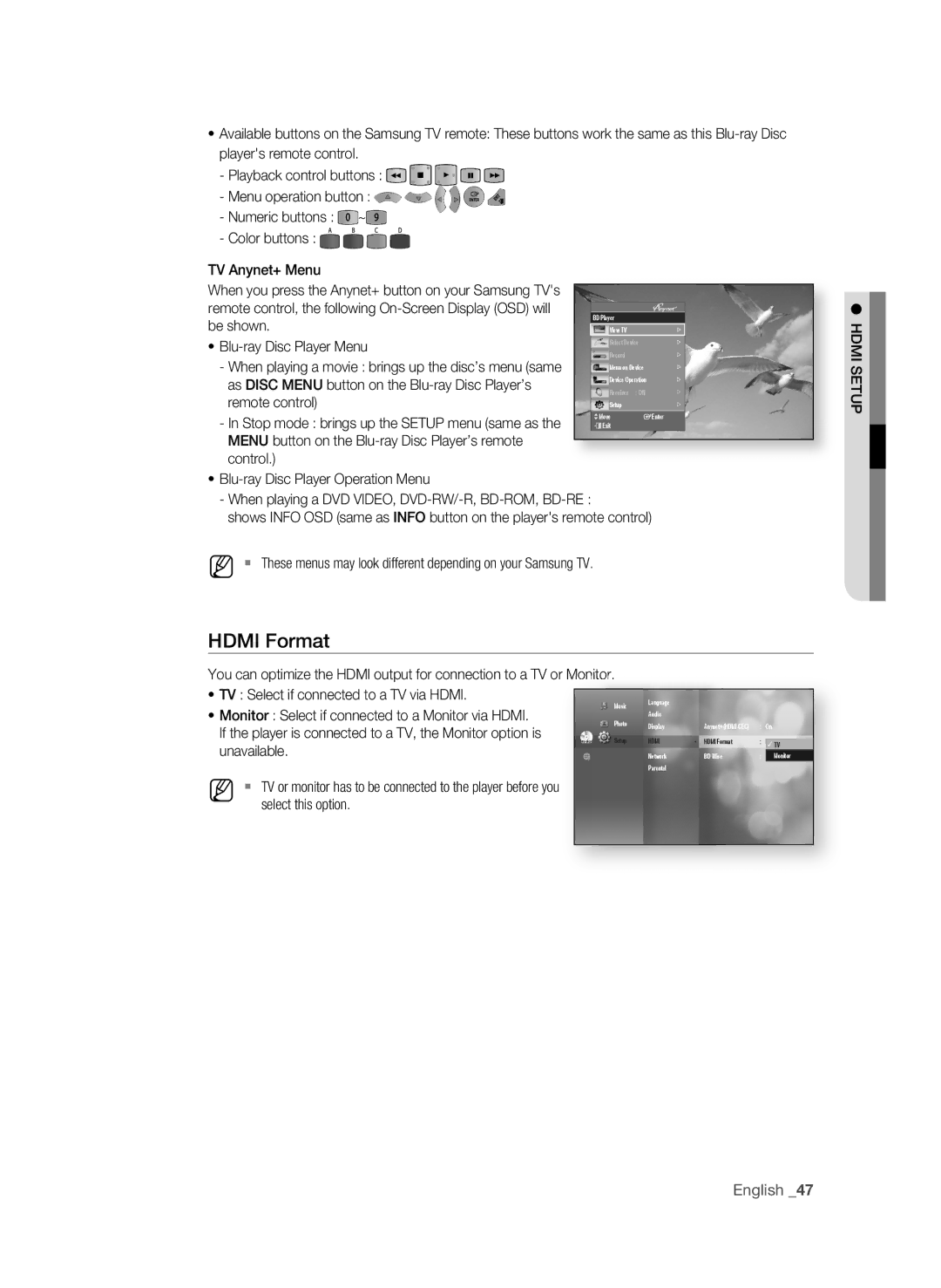 Samsung BD-P4600 TV Select if connected to a TV via Hdmi, Monitor Select if connected to a Monitor via Hdmi, Unavailable 