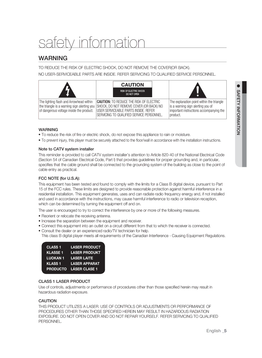 Samsung BD-P4600 user manual Safety information, English , FCC Note for U.S.A, Class 1 Laser Product 