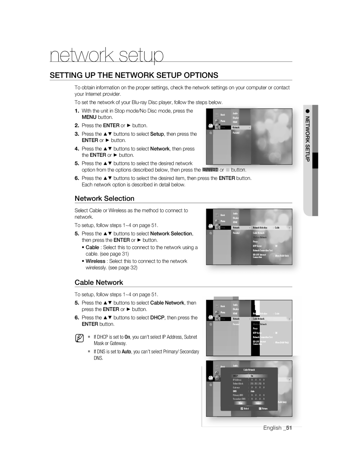 Samsung BD-P4600 user manual Network setup, Setting uP the netWORK setuP OPtiOns, Network selection 