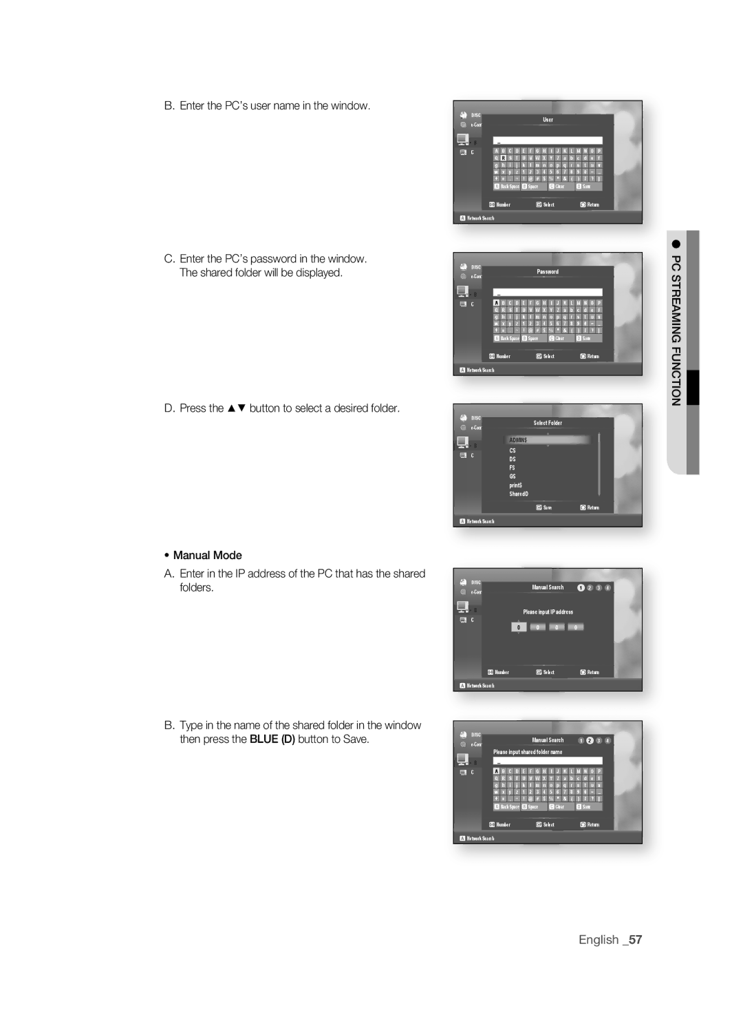 Samsung BD-P4600 user manual Enter the PC’s user name in the window, Pc stReaMing FunctiOn 