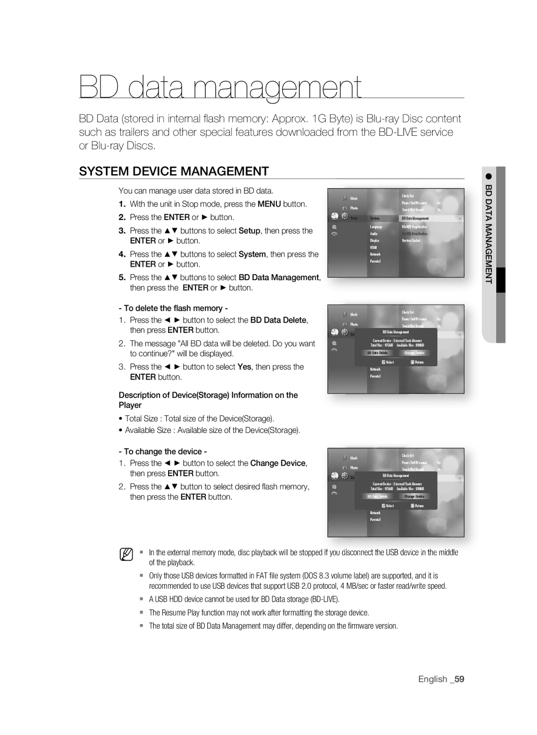 Samsung BD-P4600 BD data management, SYsteM deVice ManageMent, Available Size Available size of the DeviceStorage 