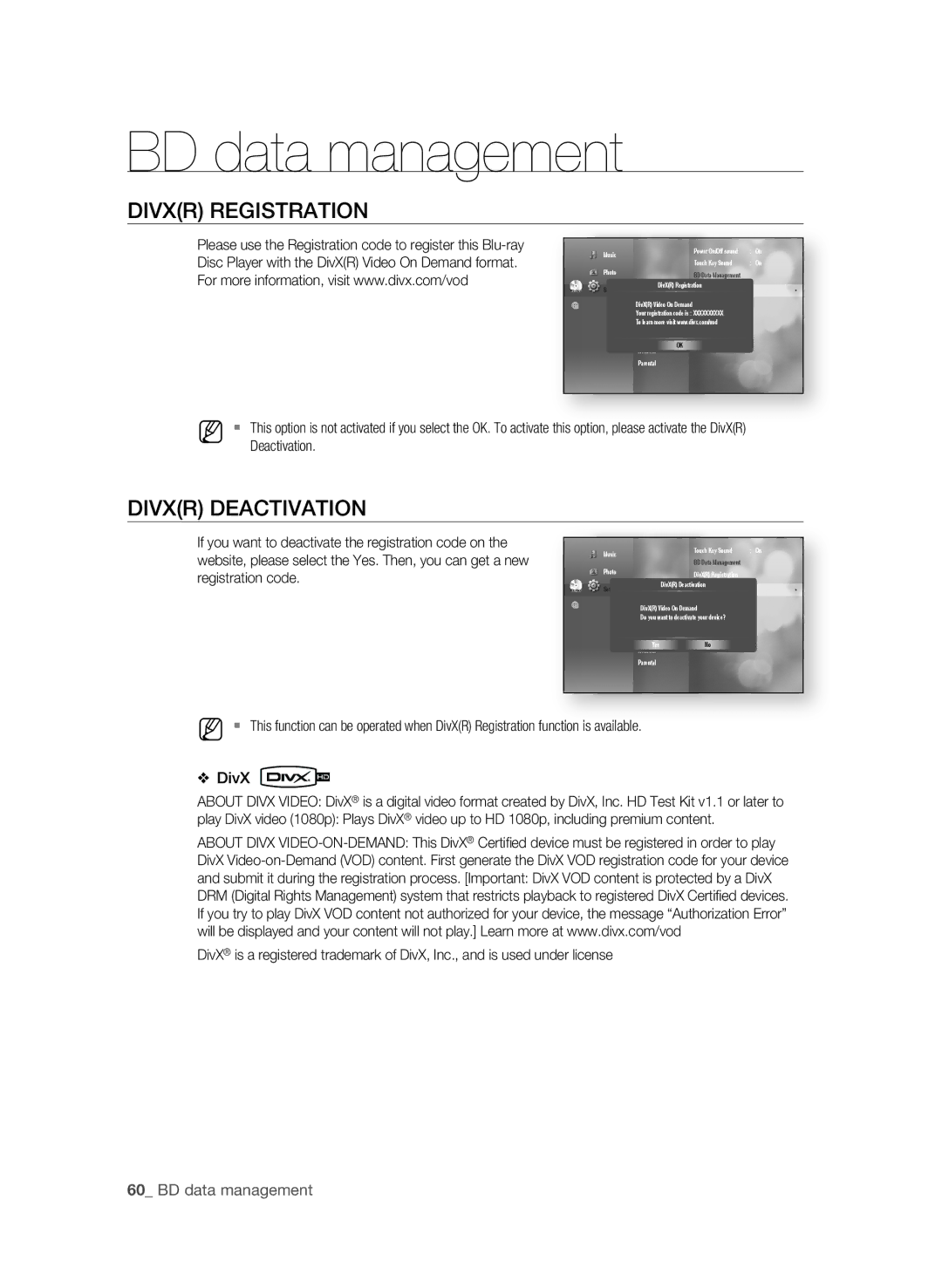 Samsung BD-P4600 user manual DiVXR RegistRatiOn, DiVXR deactiVatiOn, 0 BD data management, Deactivation 