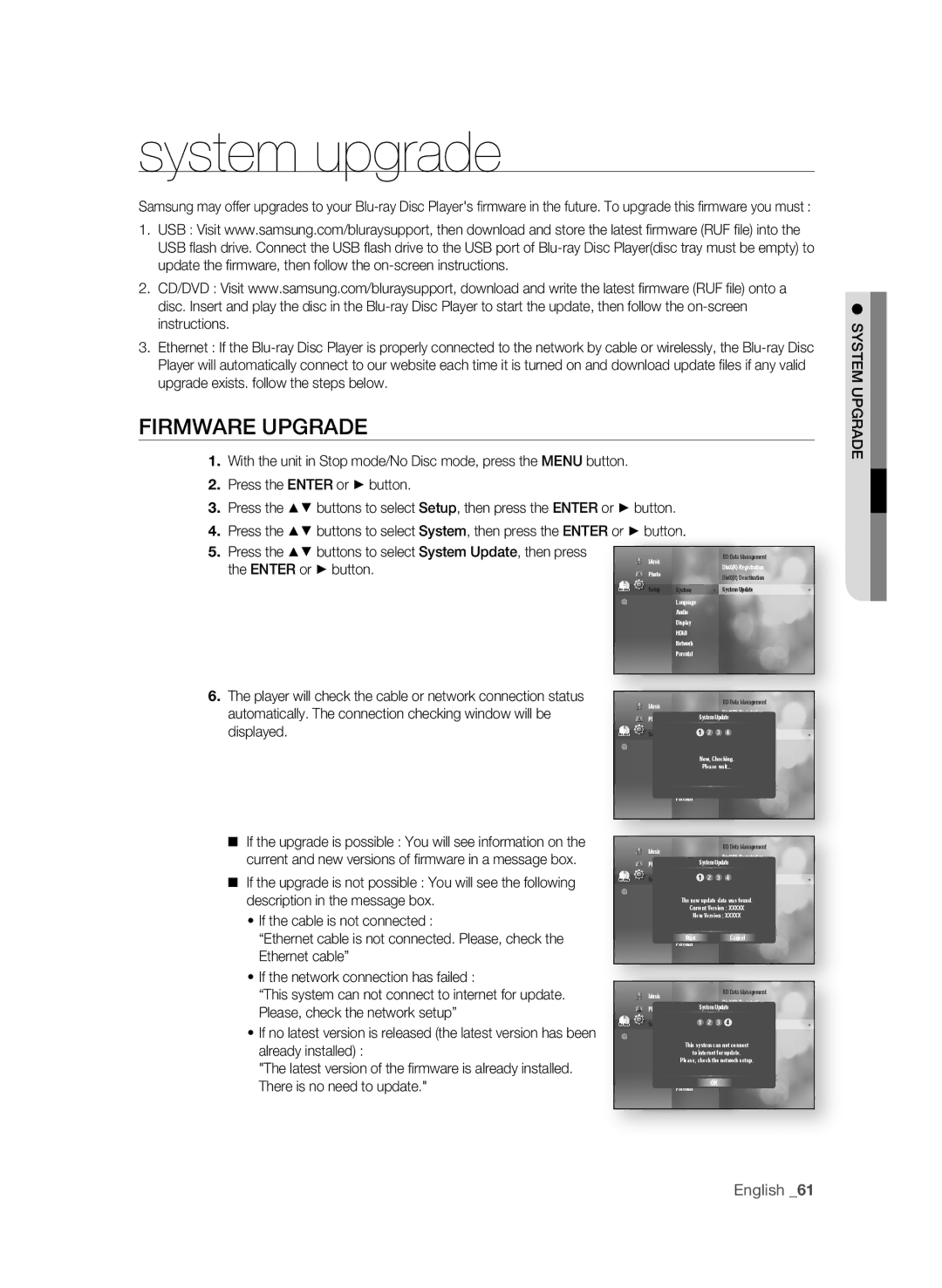 Samsung BD-P4600 user manual System upgrade, FiRMWaRe uPgRade, . Press the buttons to select system update, then press 