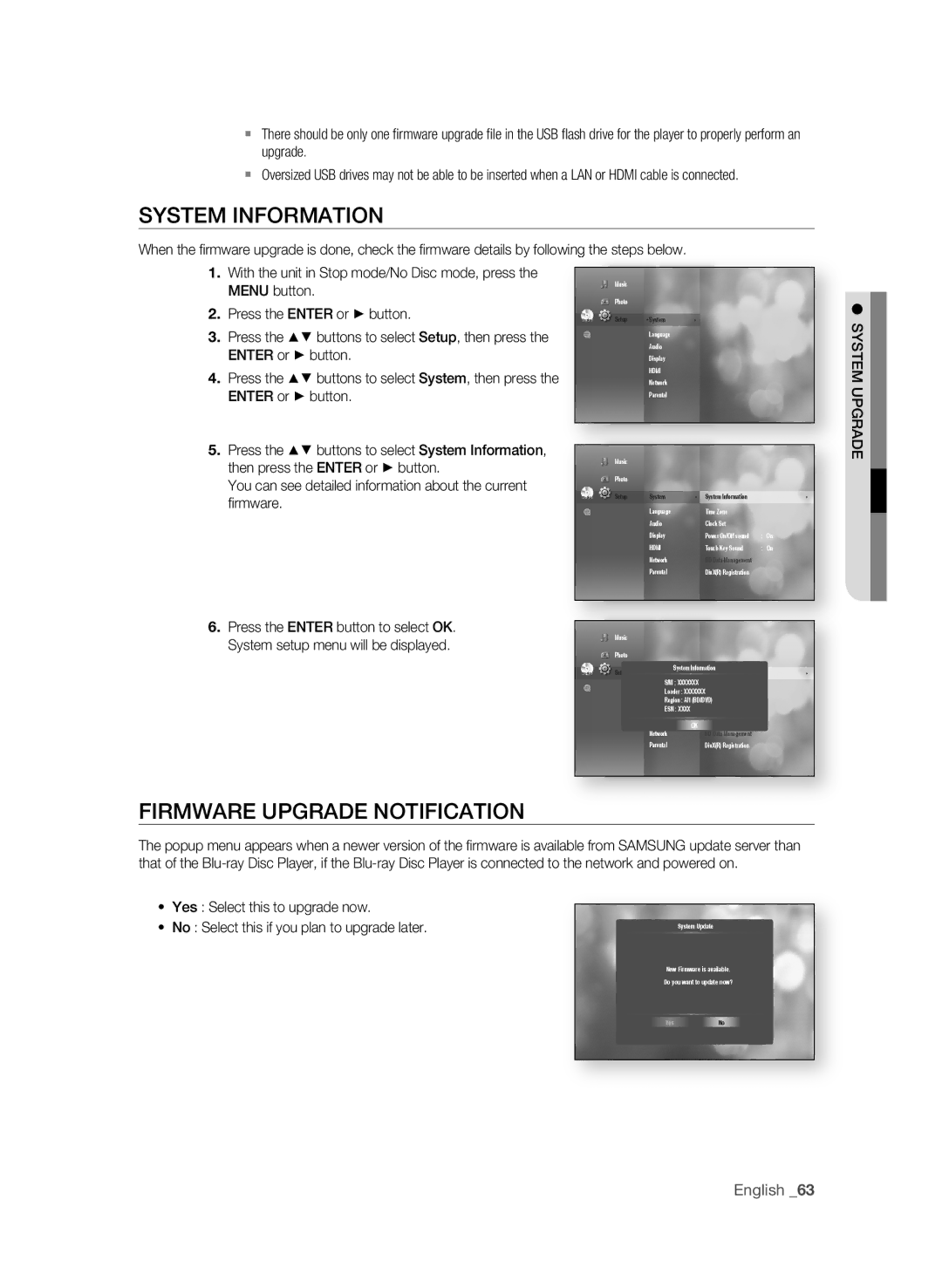 Samsung BD-P4600 user manual SYsteM inFORMatiOn, FiRMWaRe uPgRade nOtiFicatiOn, Yes Select this to upgrade now 