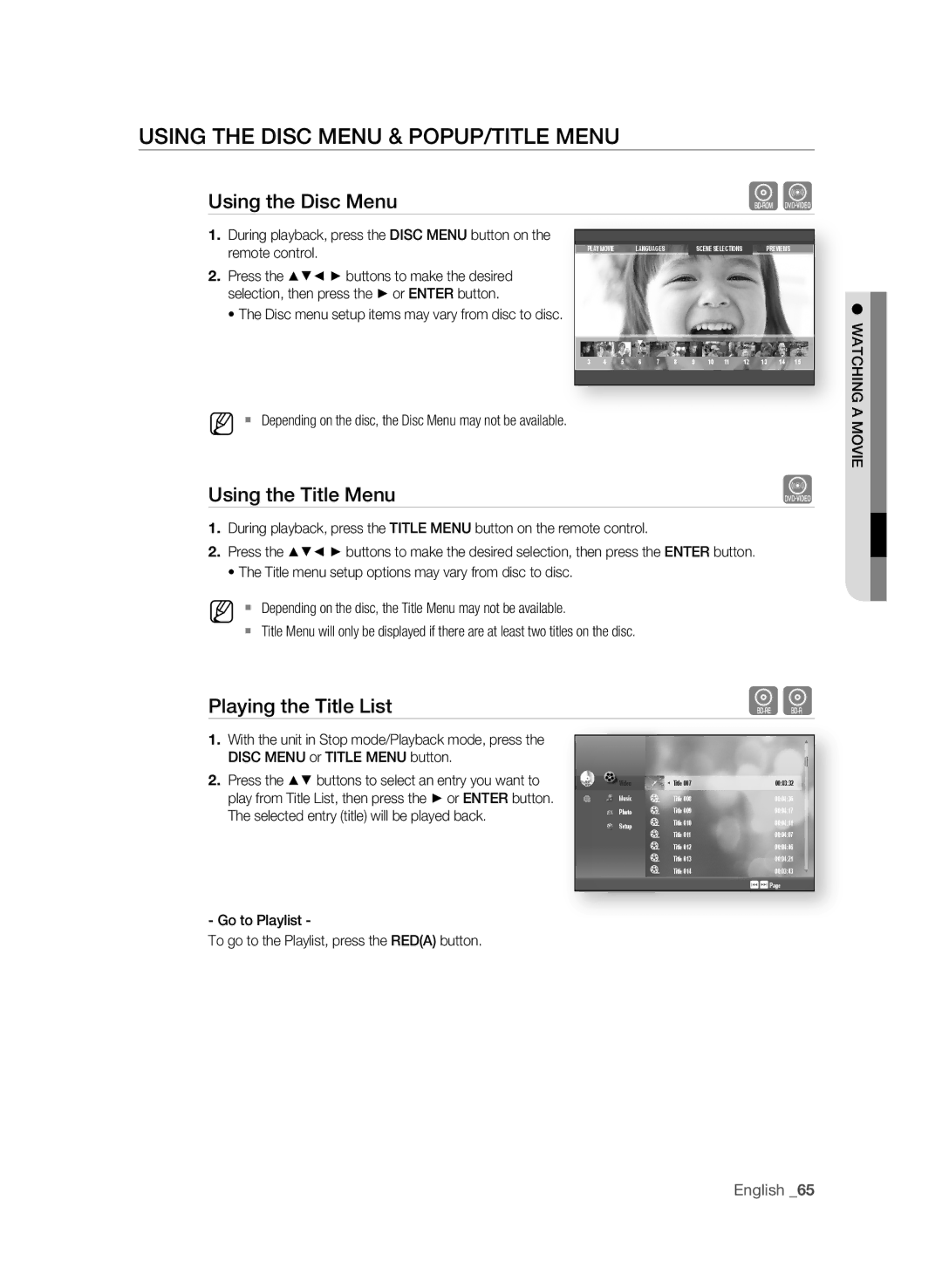 Samsung BD-P4600 Using the disc Menu & POPuP/title Menu, Using the title Menu, Playing the title list, Remote control 