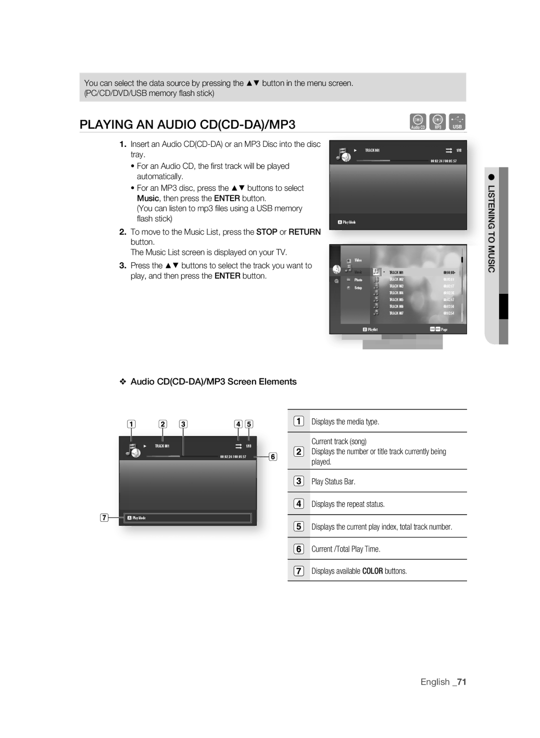 Samsung BD-P4600 user manual PlaYing an audiO cdcd-da/MP3, Audio cdcd-da/MP3 screen elements, Listening tO Music 