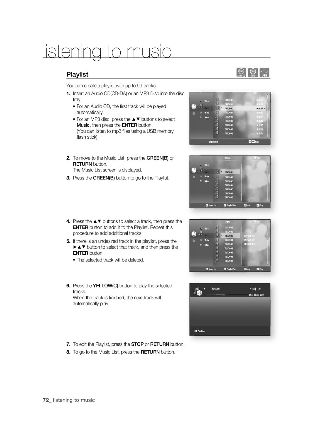 Samsung BD-P4600 user manual Playlist, 2 listening to music 