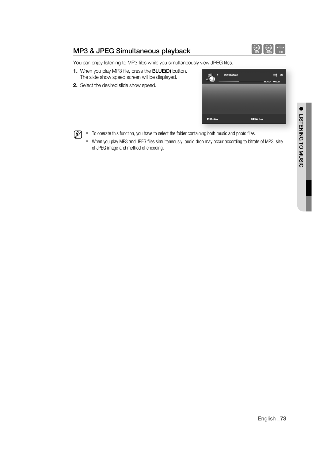 Samsung BD-P4600 user manual MP3 & JPeg simultaneous playback, When you play MP3 fi le, press the Blued button 