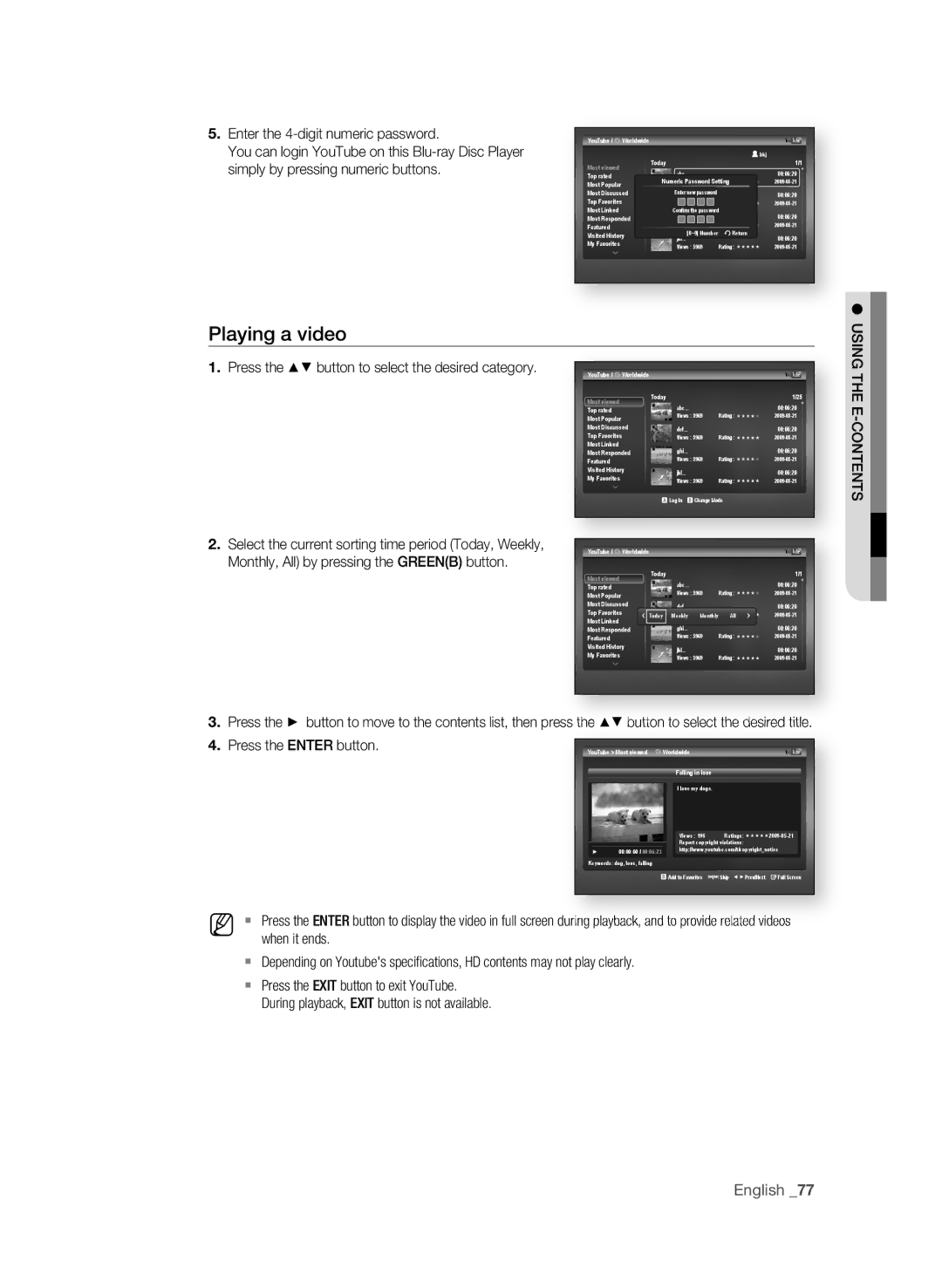 Samsung BD-P4600 user manual Playing a video, Using Press the $% button to select the desired category, E-cOntents 