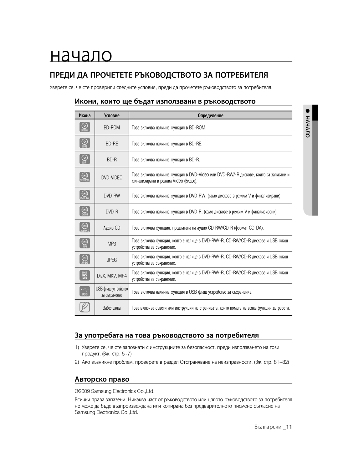 Samsung BD-P4600/XEE, BD-P4600/EDC manual Начало, Преди да прочетете ръководството за потребителя, Авторско право 