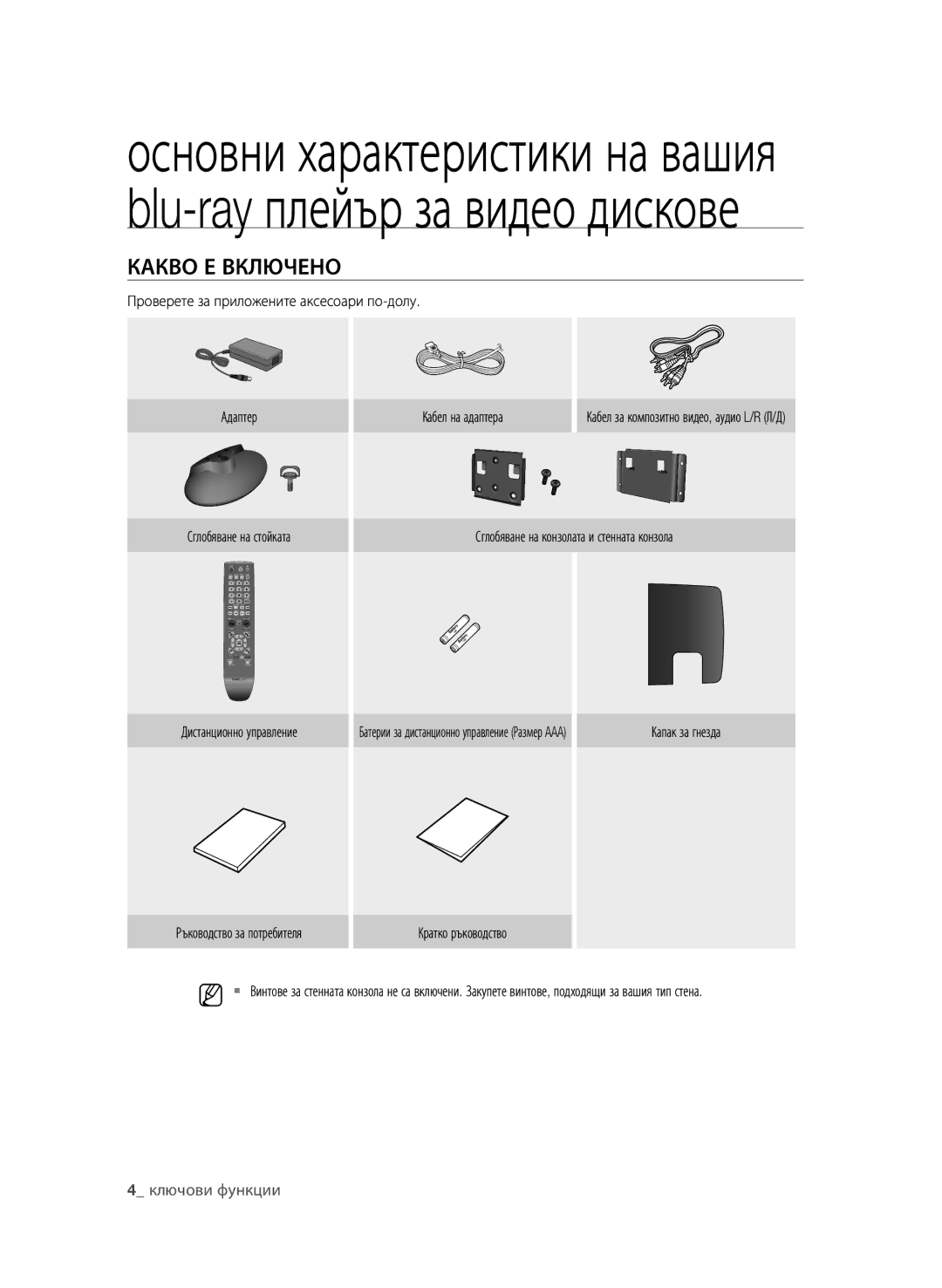 Samsung BD-P4600/EDC, BD-P4600/XEE manual Какво е включено, Проверете за приложените аксесоари по-долу, Кабел на адаптера 