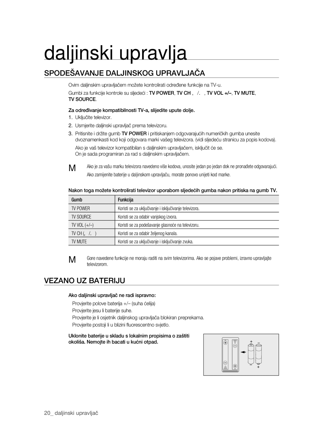 Samsung BD-P4600/EDC, BD-P4600/XEE SPODEŠAVANJE DALJiNsKOg Upravljača, VEzANO Uz bATERiJU, TV Power, TV Source, TV Mute 