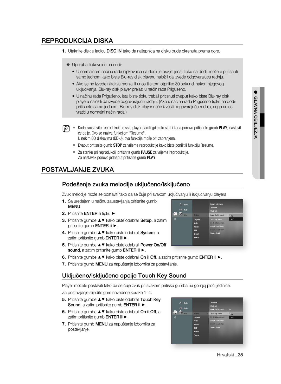 Samsung BD-P4600/XEE, BD-P4600/EDC REPRODUKciJA DisKA, POsTAVLJANJE zVUKA, Podešenje zvuka melodije uključeno/isključeno 