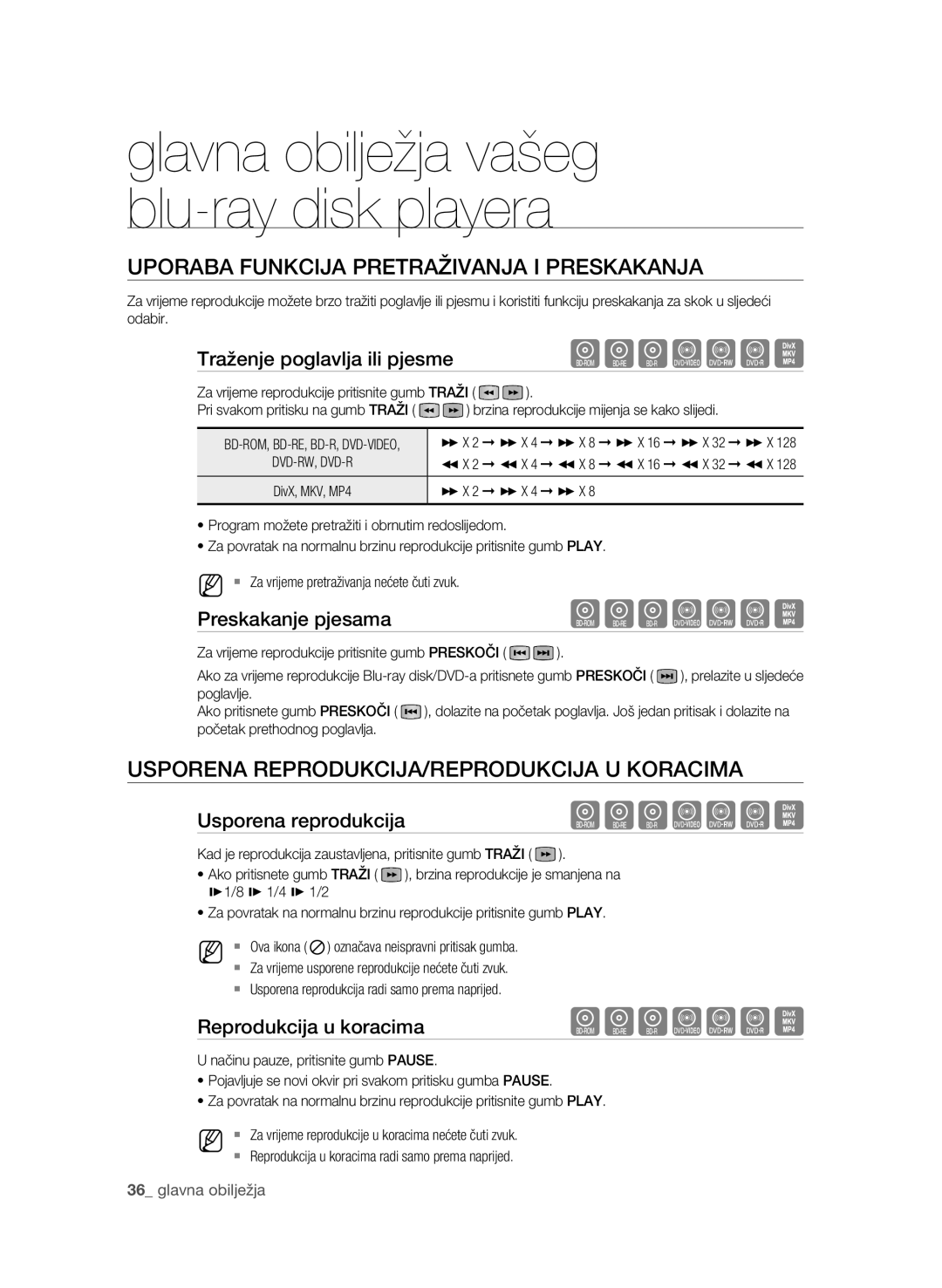 Samsung BD-P4600/EDC manual Uporaba Funkcija Pretraživanja I Preskakanja, Usporena REPRODUKCIJA/REPRODUKCIJA U Koracima 