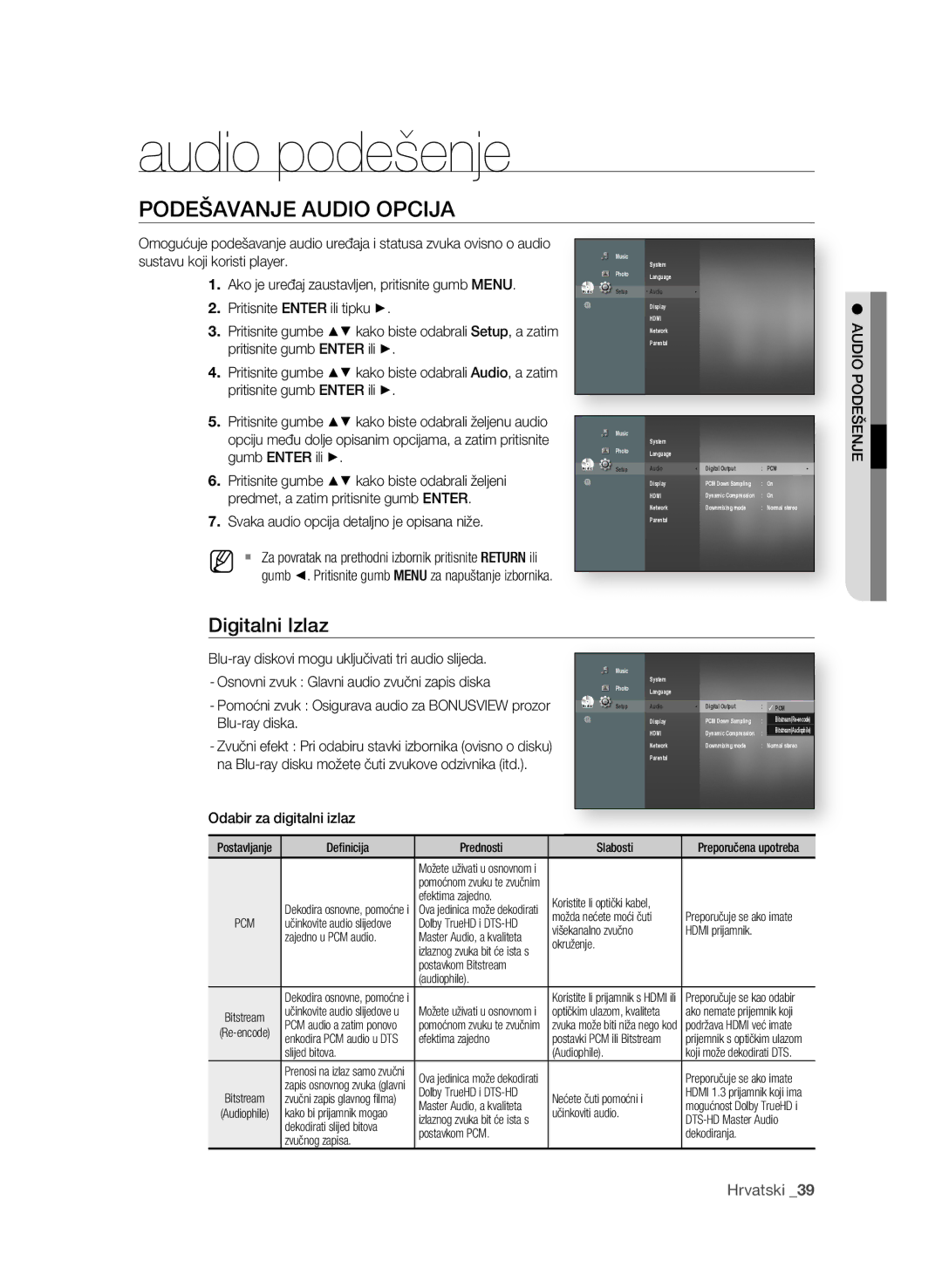 Samsung BD-P4600/XEE, BD-P4600/EDC manual Audio podešenje, Podešavanje AUDiO OPciJA, Digitalni izlaz 