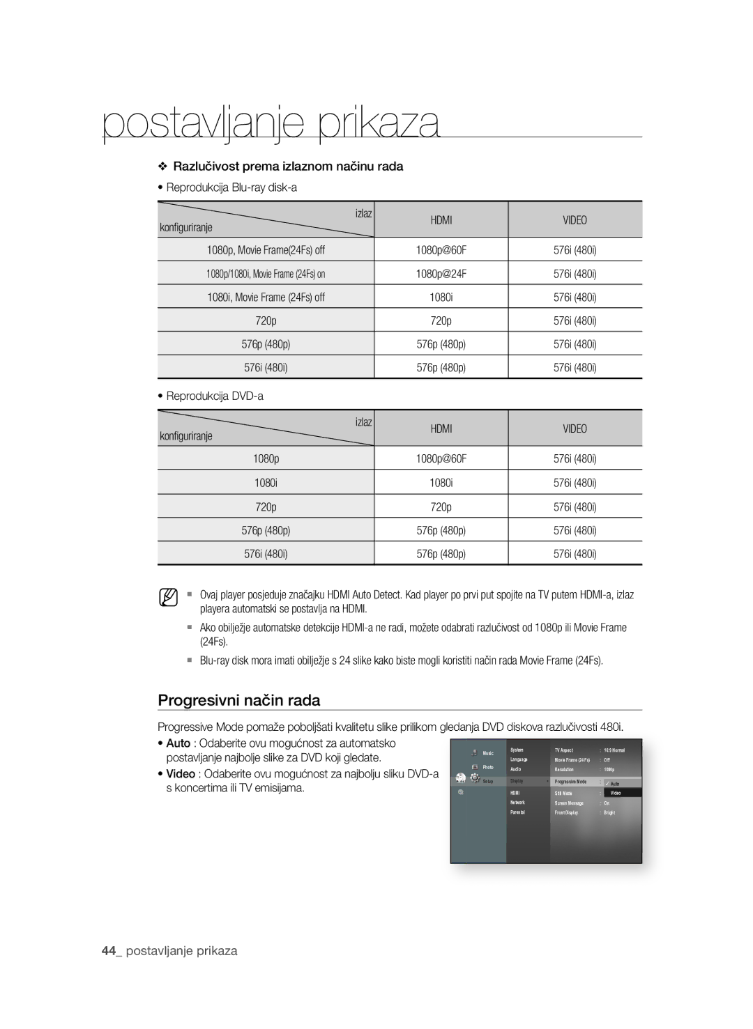 Samsung BD-P4600/EDC, BD-P4600/XEE manual Progresivni način rada, Hdmi Video, Auto Odaberite ovu mogućnost za automatsko 