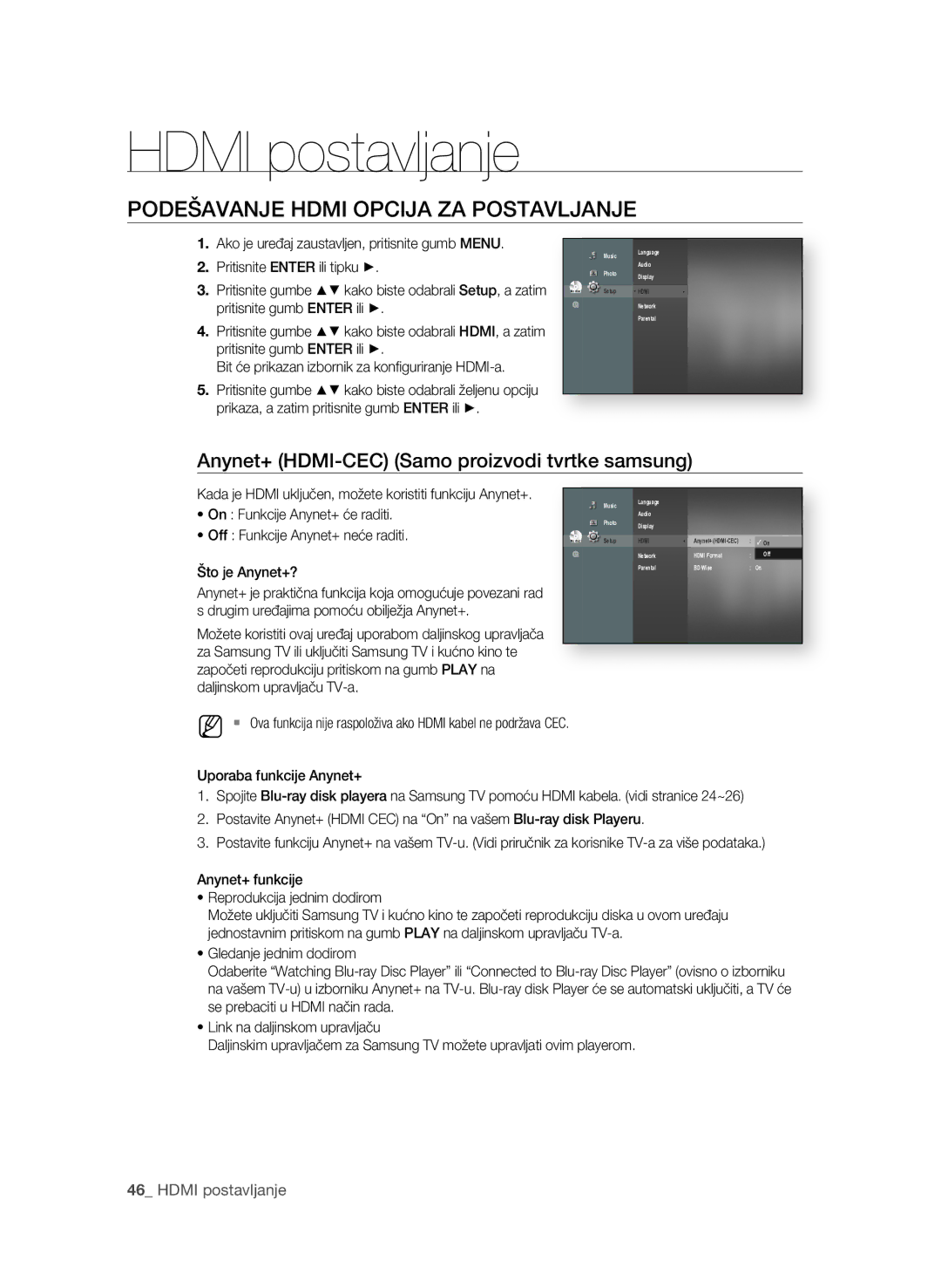 Samsung BD-P4600/EDC, BD-P4600/XEE manual Hdmi postavljanje, Podešavanje HDMi OPciJA zA POsTAVLJANJE 