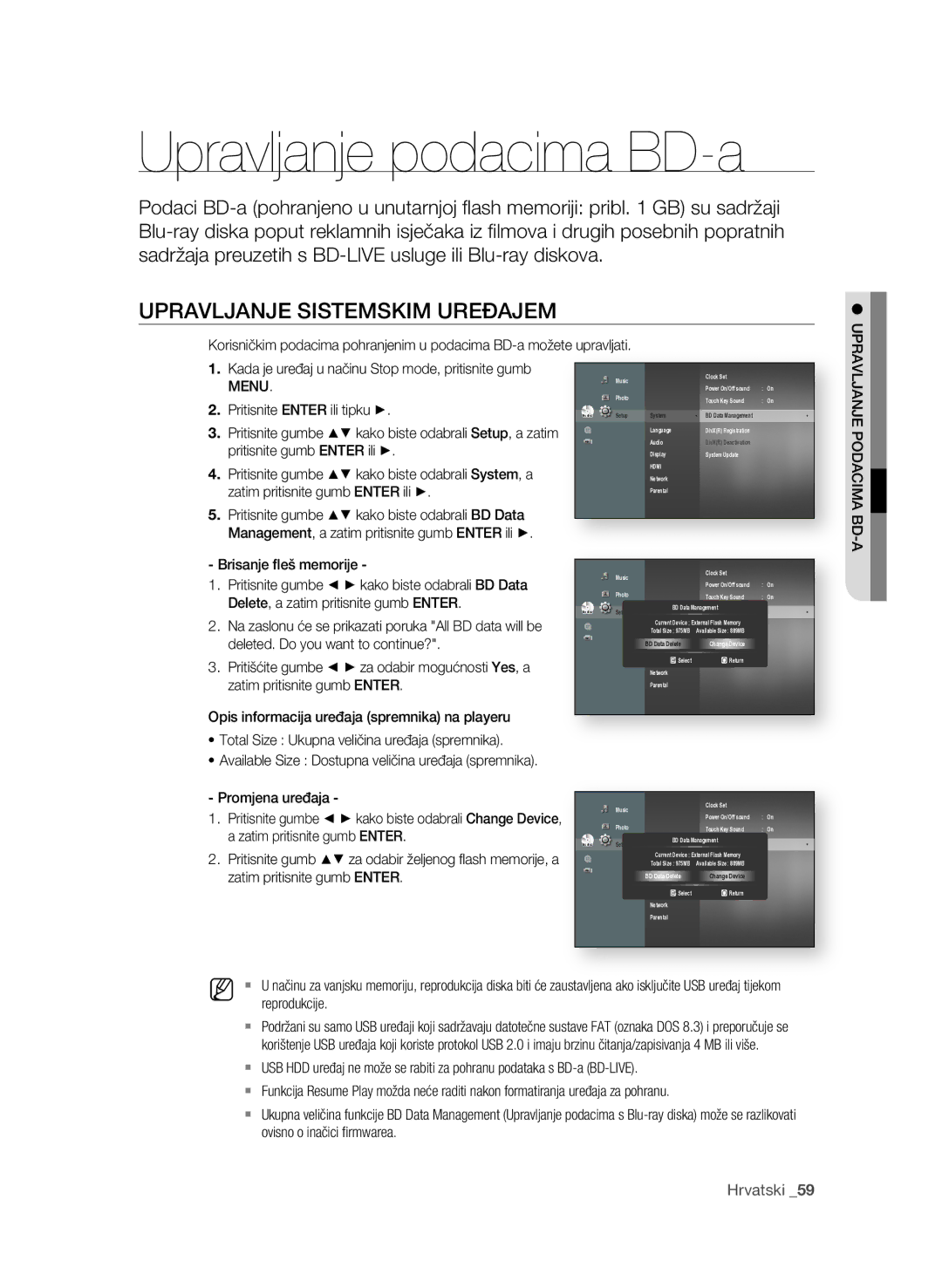 Samsung BD-P4600/XEE, BD-P4600/EDC manual Upravljanje podacima BD-a, Upravljanje sisTEMsKiM Uređajem, Brisanje ﬂeš memorije 