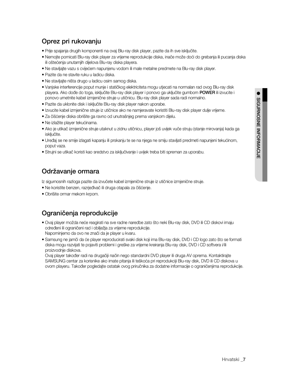 Samsung BD-P4600/XEE, BD-P4600/EDC manual Oprez pri rukovanju, Održavanje ormara, Ograničenja reprodukcije 