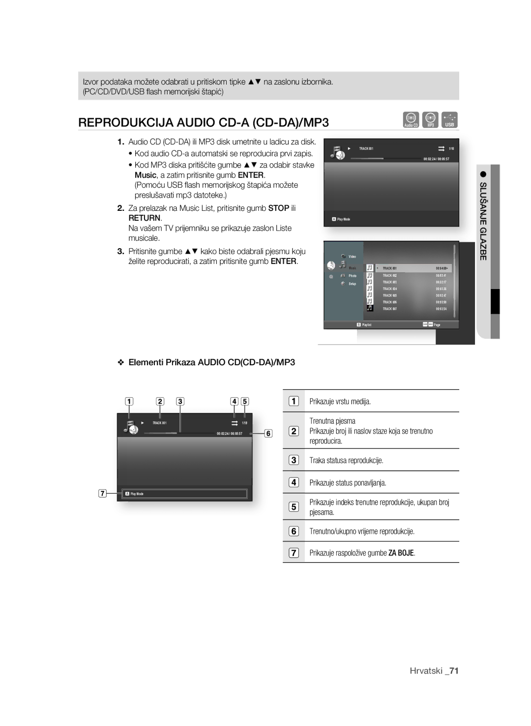 Samsung BD-P4600/XEE manual REPRODUKciJA AUDiO cD-A cD-DA/MP3, Na vašem TV prijemniku se prikazuje zaslon Liste musicale 