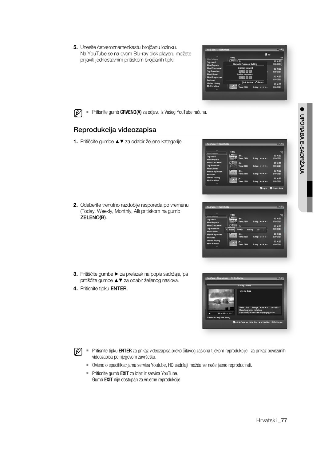 Samsung BD-P4600/XEE, BD-P4600/EDC manual Reprodukcija videozapisa 