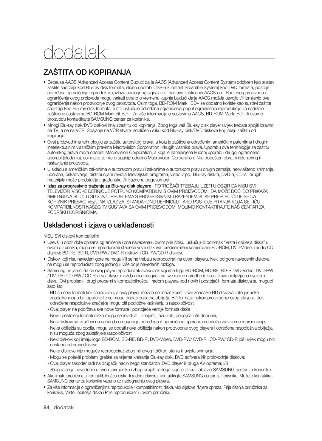 Samsung BD-P4600/EDC, BD-P4600/XEE manual Zaštita OD Kopiranja, Usklađenost i izjava o usklađenosti 