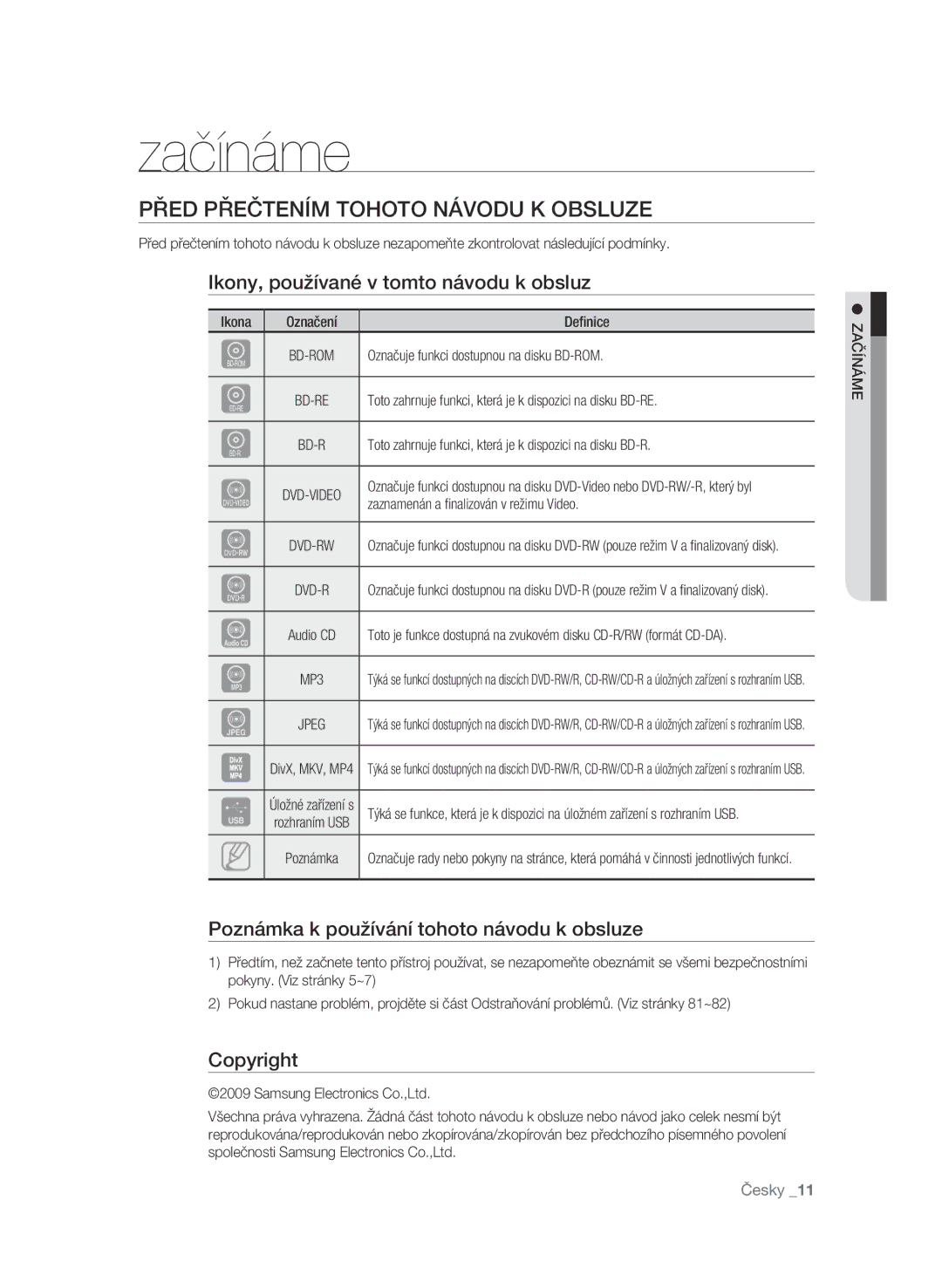 Samsung BD-P4600/EDC Začínáme, Před přečtením tohoto návodu k obsluze, Ikony, používané v tomto návodu k obsluz, Copyright 