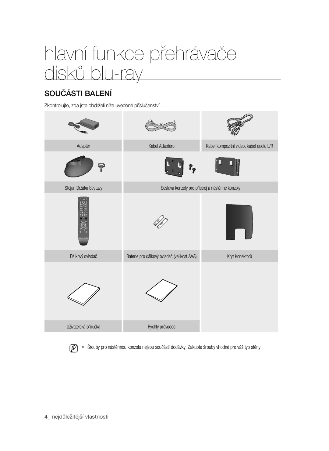 Samsung BD-P4600/EDC manual Součásti balení, Sestava konzoly pro přístroj a nástěnné konzoly, Dálkový ovladač 