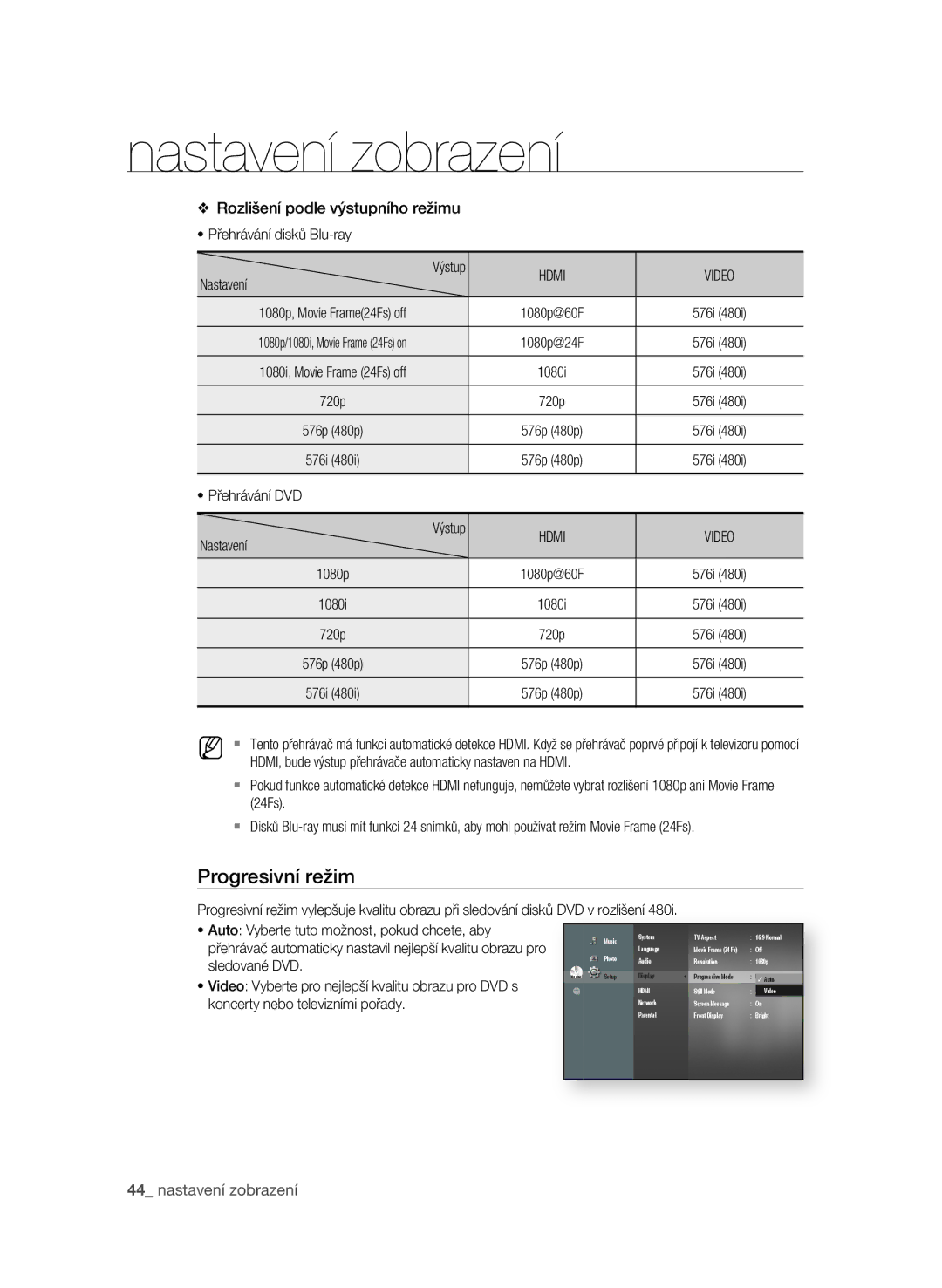 Samsung BD-P4600/EDC Progresivní režim, Rozlišení podle výstupního režimu, Auto Vyberte tuto možnost, pokud chcete, aby 