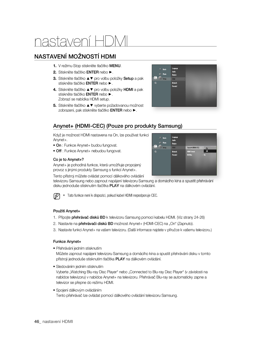 Samsung BD-P4600/EDC manual Nastavení Hdmi, NaStaVení moŽnoStí hDmi, Anynet+ hDmi-cec pouze pro produkty Samsung 