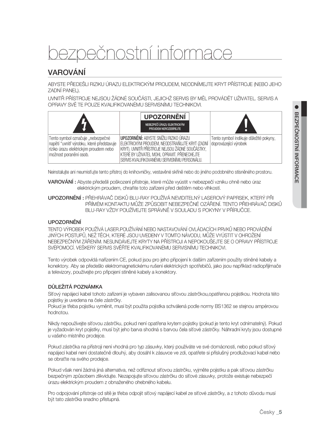 Samsung BD-P4600/EDC manual Bezpečnostní informace, Varování, Upozornění, Důležitá Poznámka 