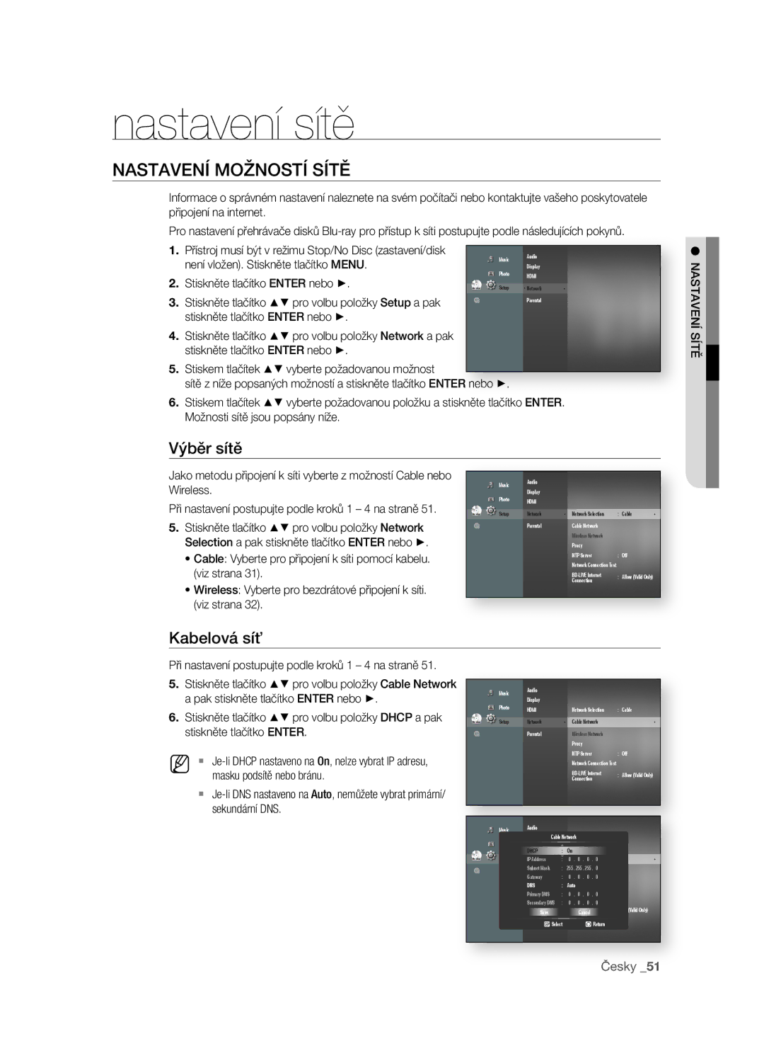 Samsung BD-P4600/EDC manual Nastavení sítě, NaStaVení moŽnoStí SítĚ, Výběr sítě 