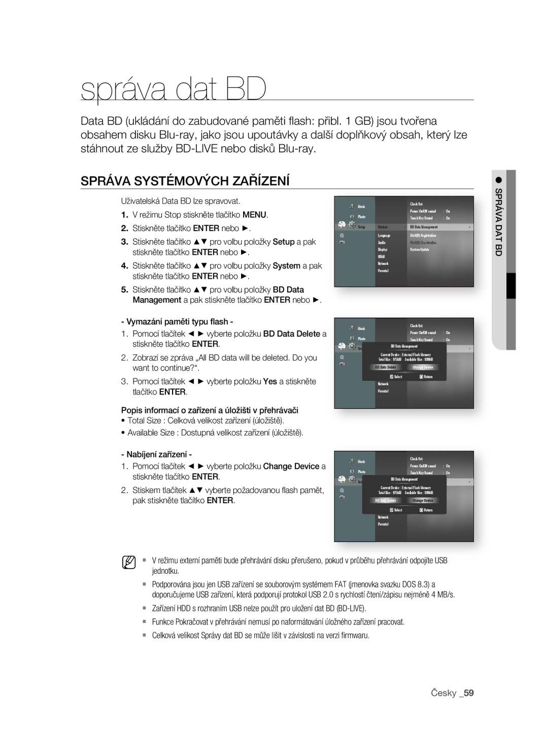 Samsung BD-P4600/EDC manual Správa dat BD, SpráVa SyStémoVÝch zařízení, Jednotku, SpráVa Dat bD 