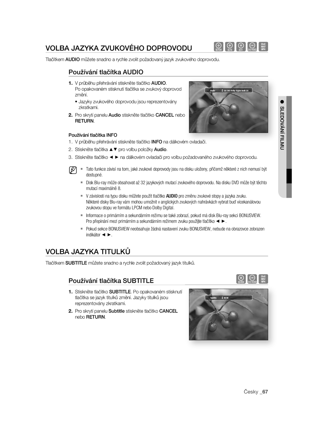 Samsung BD-P4600/EDC manual Volba JazyKa zVuKoVého DoproVoDu hgfZ, Volba JazyKa titulKŮ, Používání tlačítka auDio 